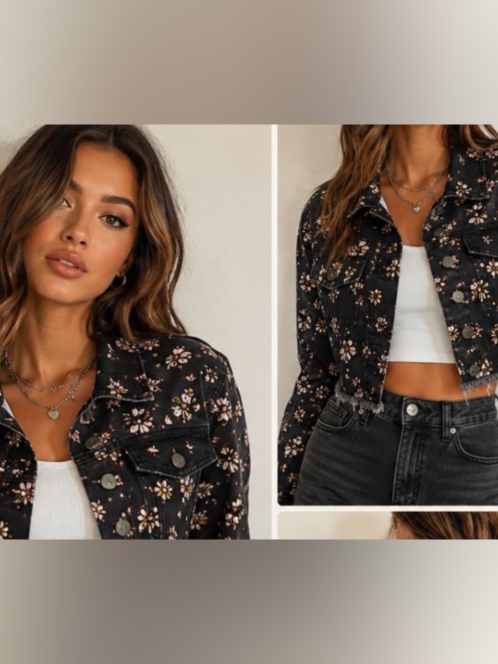 Celebrity Pink Black Floral Denim cropped Jacket with Pink & Cream Flowers
